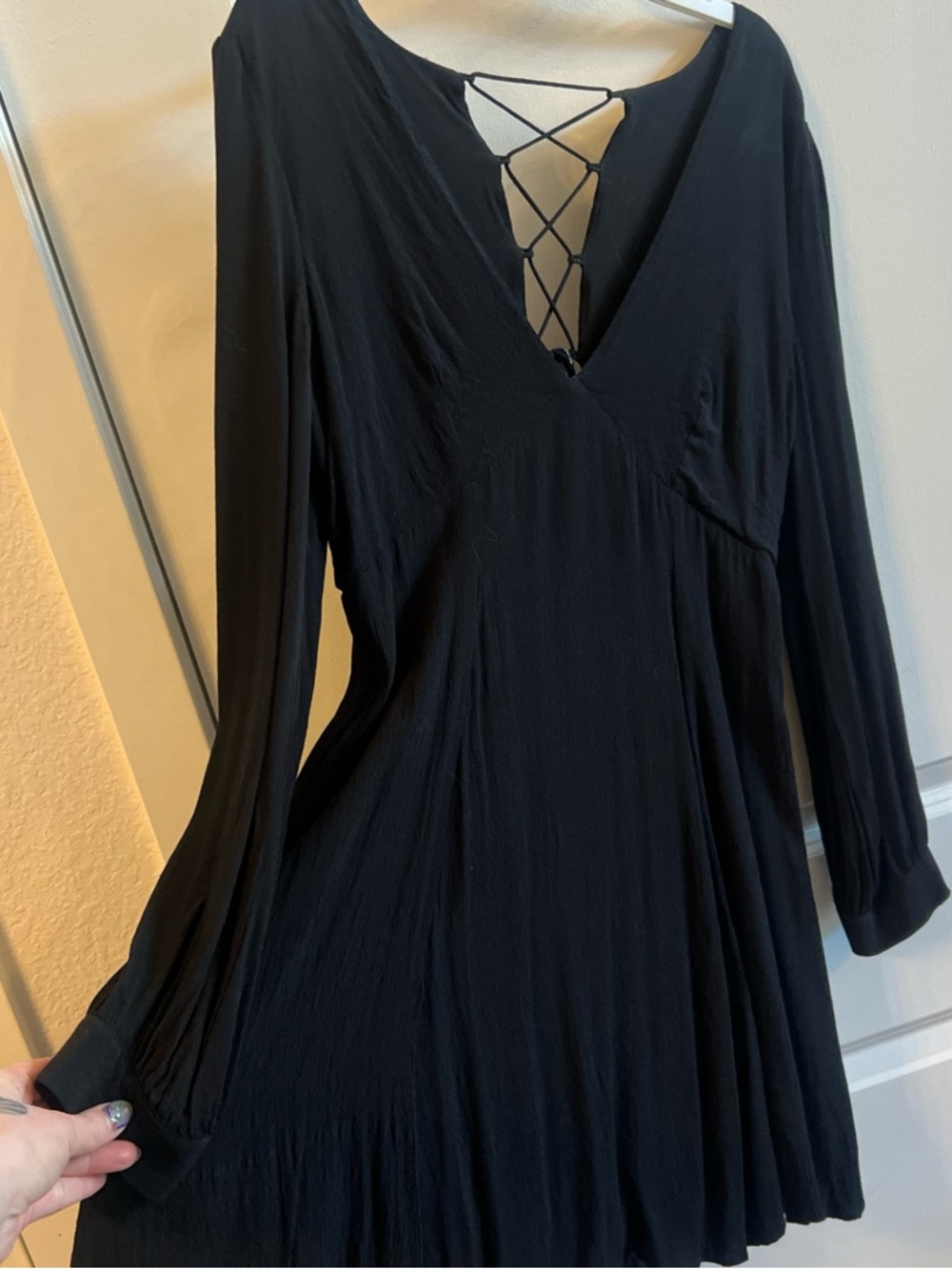 Black Long-Sleeve V-Neck Lace-Up Mini Dress
